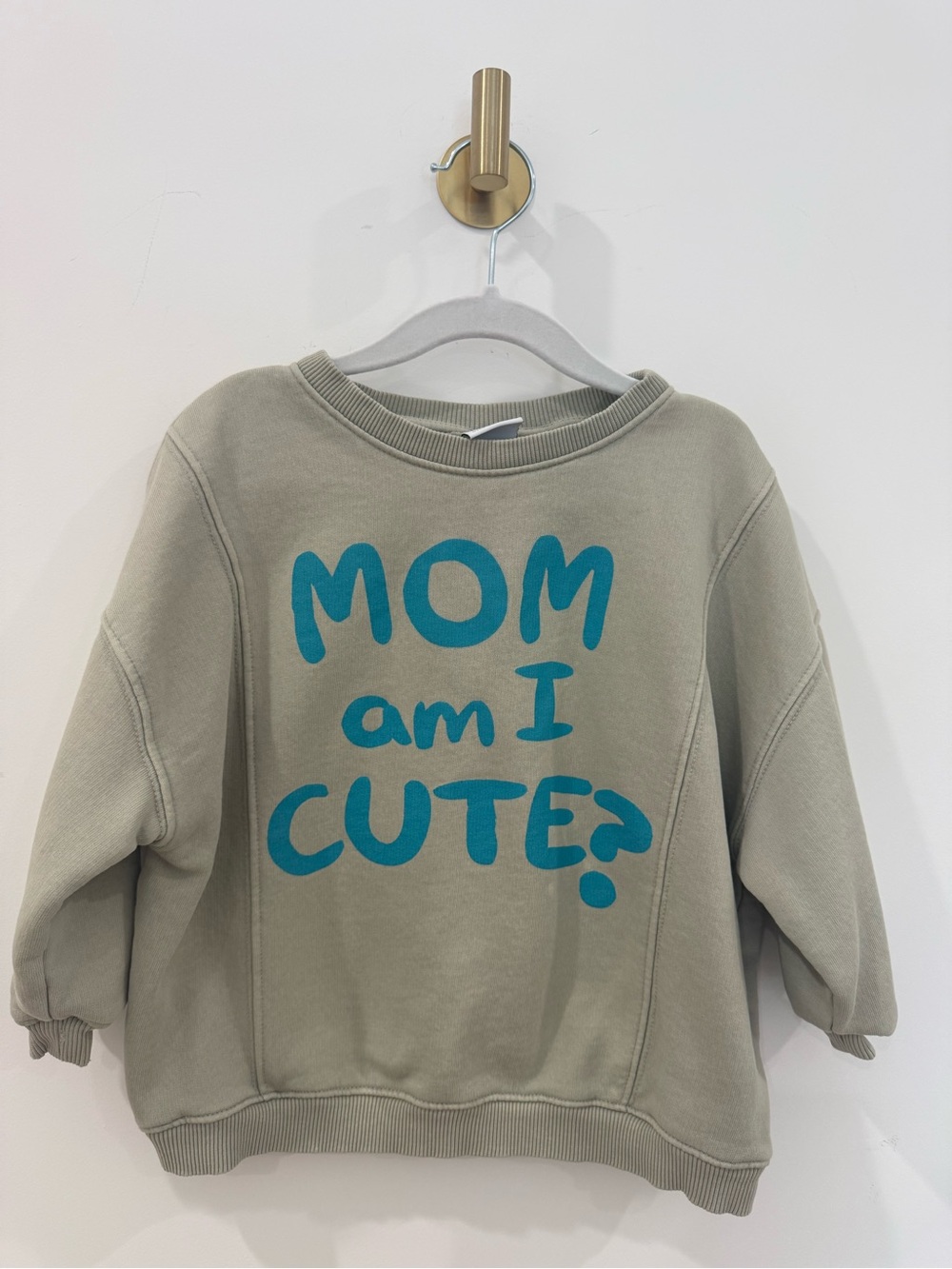 Zara Sage Green Kids Sweatshirt with Teal Graphic 'MOM am I CUTE?'